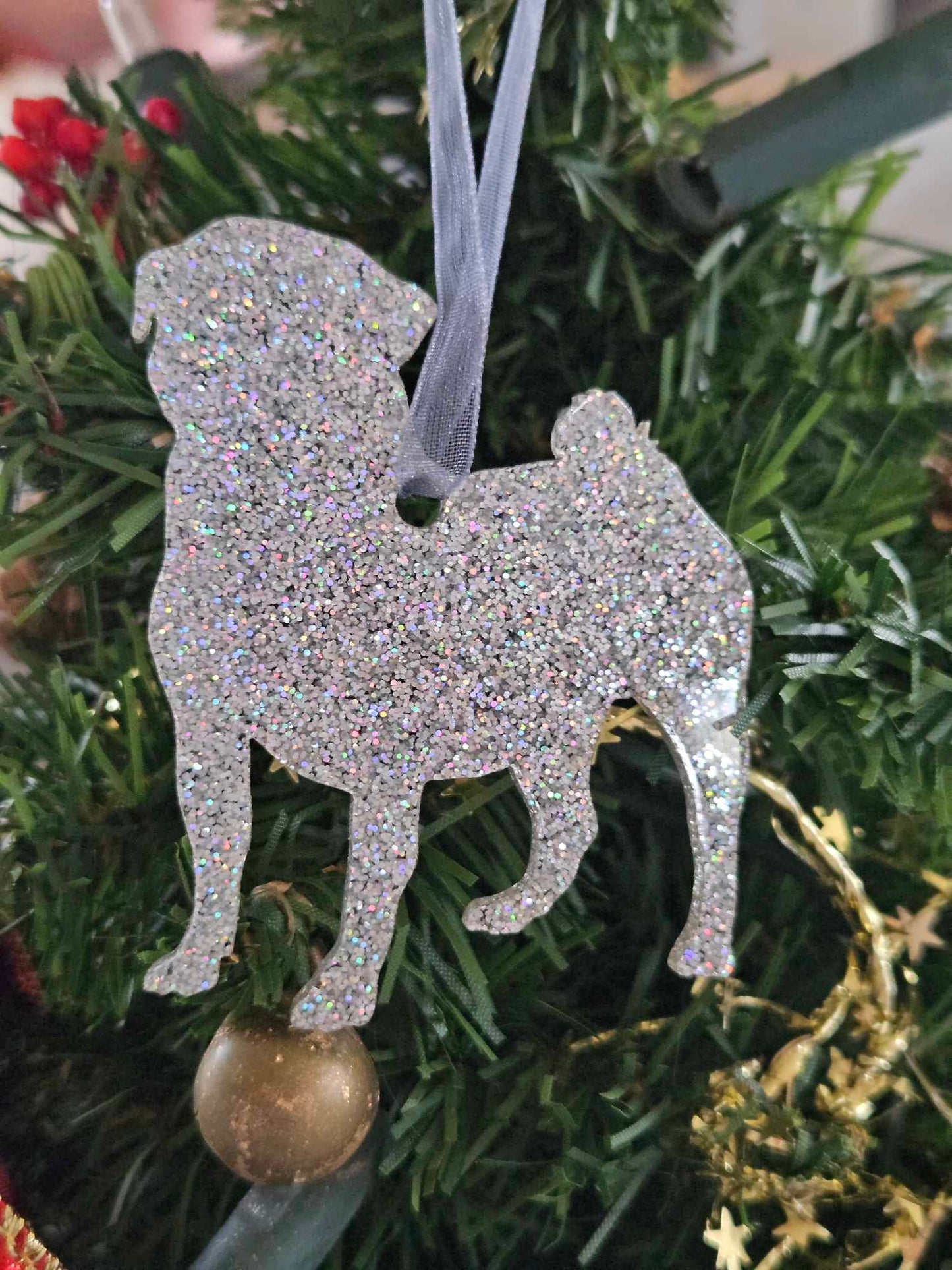 Kersthanger - Mopshond zilver