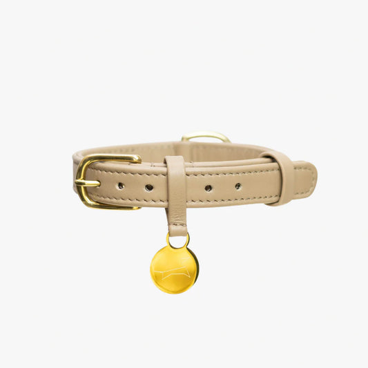 The Dog Musthaves - Hondenhalsband echt leer met naam penning - Taupe