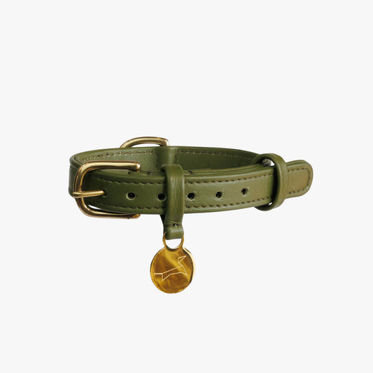 The Dog Musthaves - Hondenhalsband echt leer met naam penning - Groen