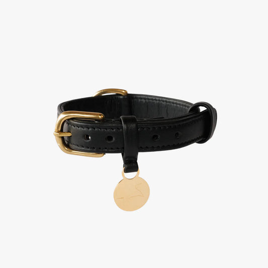 The Dog Musthaves - Hondenhalsband echt leer met naam penning - Zwart